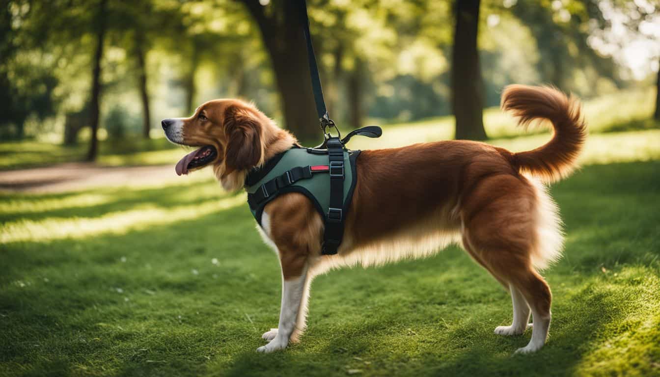 Un chien se promenant dans un parc verdoyant avec un harnais.