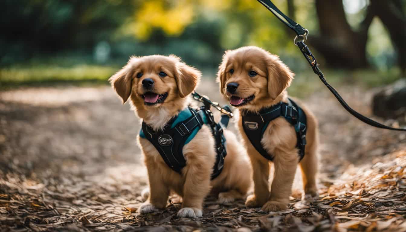 Un chiot heureux porte un harnais dans un parc verdoyant.