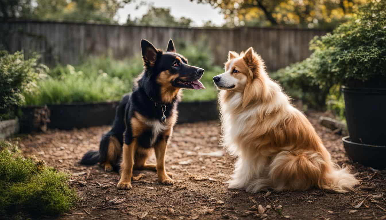 Un chien coupe coupable à côté de ses excréments dans le jardin.