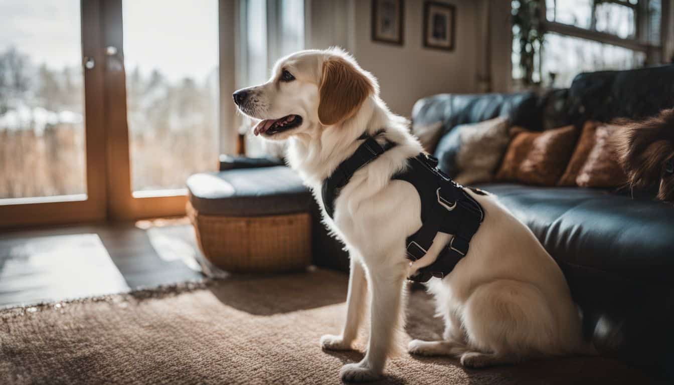 Un chien nerveux hésitant à porter un harnais dans un environnement domestique calme et confortable.