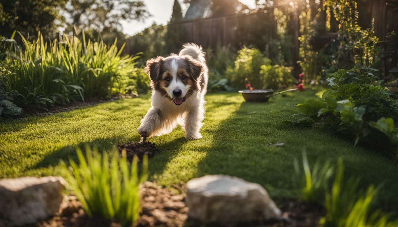 Un chien mange ses excréments dans un jardin.