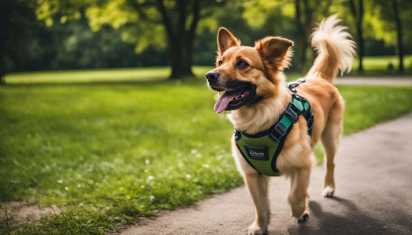 Un chien se promène joyeusement dans un parc verdoyant.